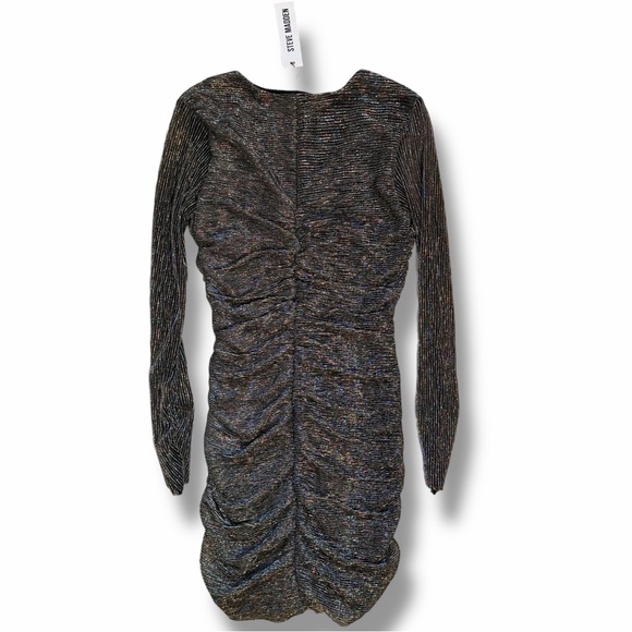 NWT Steve Madden Metallic Gold Ruched V-Neck Long Sleeve Mini Dress Small - Picture 3 of 6